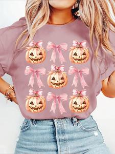 women's halloween print casual loose-fit round neck t-shirt, leopard pumpkin design, bow ribbon, all seasons wear