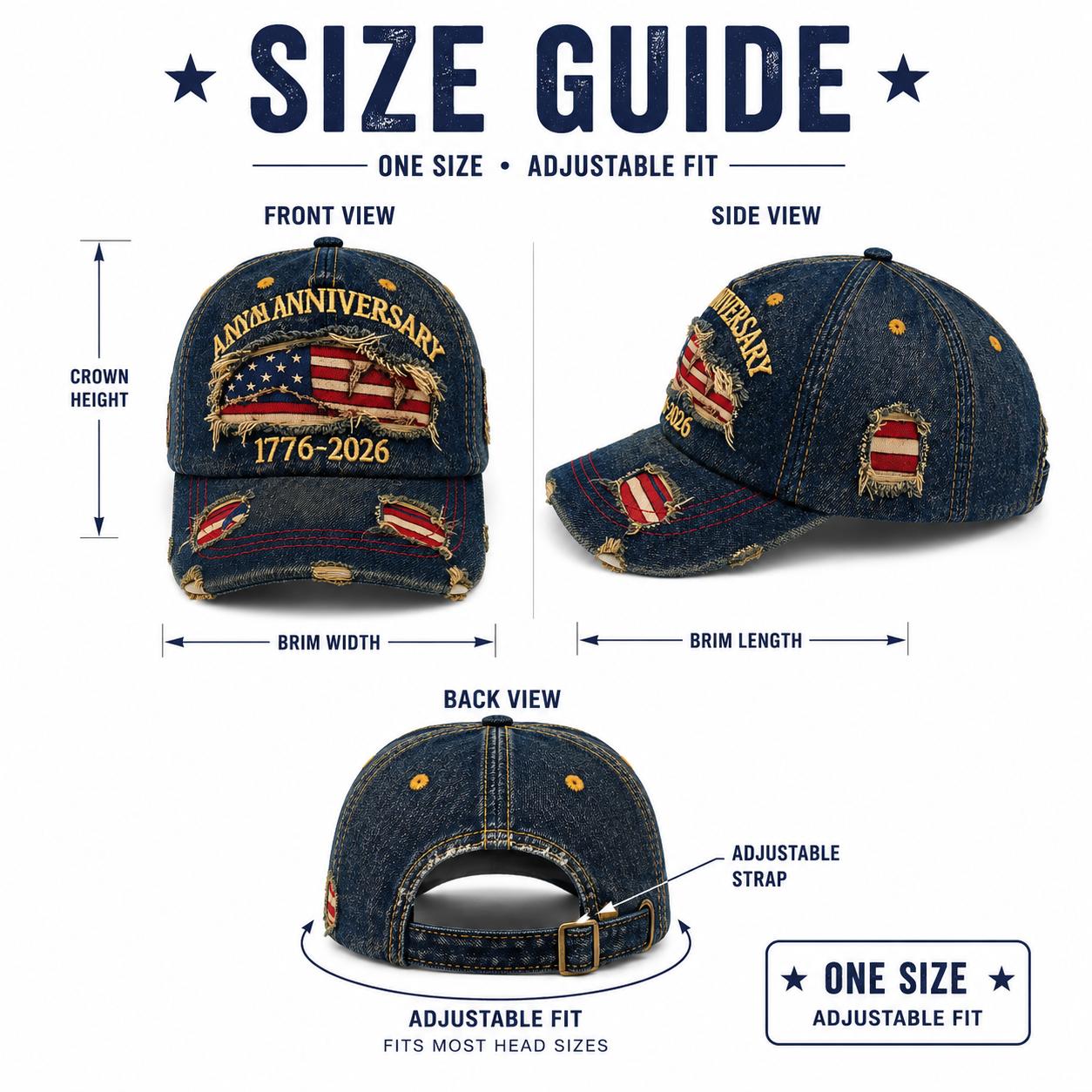 Vintage 250th Anniversary Distressed Denim Baseball Cap, Patriotic Washed Denim Hat with American Flag Inserts, 1776-2026 Adjustable Cap