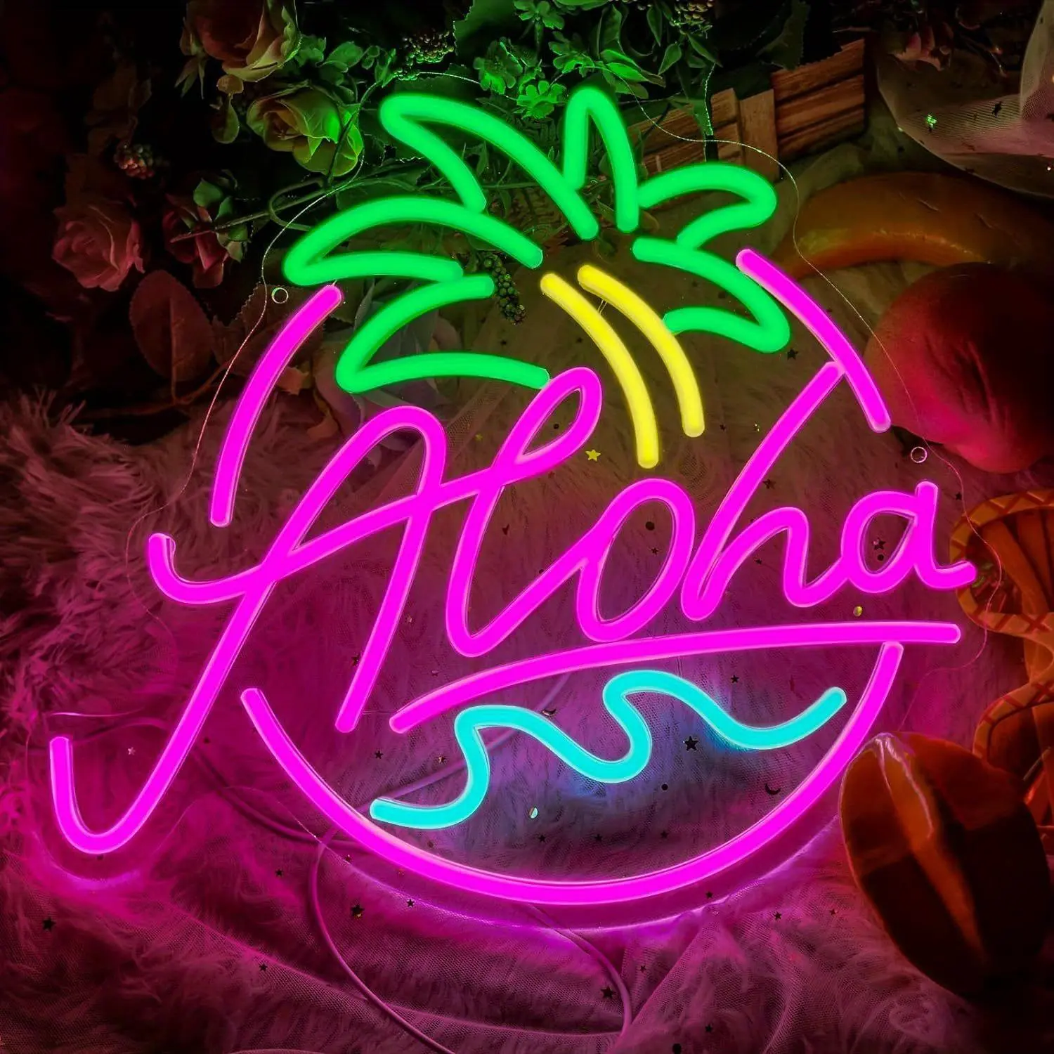 ROSNEK Dimmable Adjustable Aloha Palm Tree LED Neon Lights - Acrylic Back, USB Power, Brightness Control, Multi-Color, Quiet, Energy-Efficient Wall-Mount Decor for Beach Parties, Hawaii Parties
