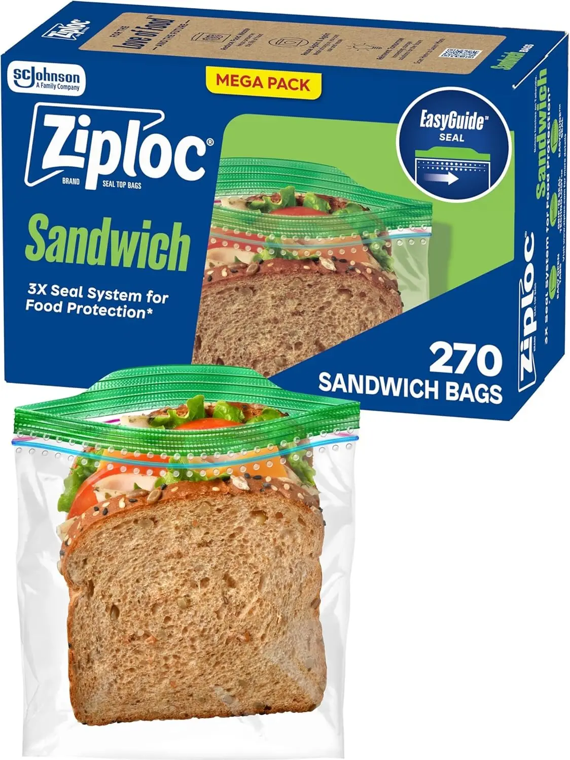 Ziploc Sandwich and Snack Bags with EasyGuide Texture, Plastic Storage Bags with Grip 'n Seal Technology, 270 Bags Total