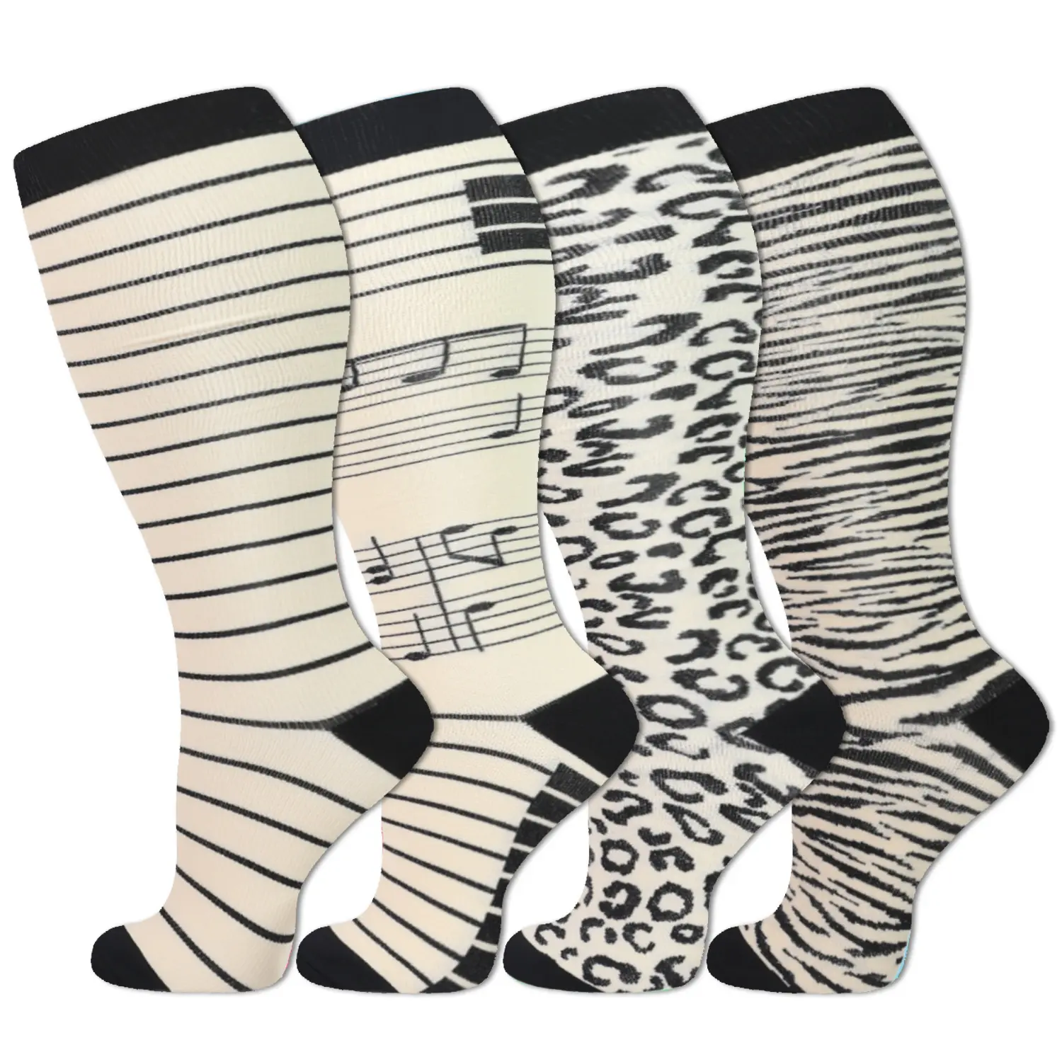 Isunie Compression Stockings for Plus Size, 4 Pairs Floral Print Nylon Blend Socks, Comfortable & Breathable for Outdoor Sports, Adults, All Seasons, Active Feet Sports Socks