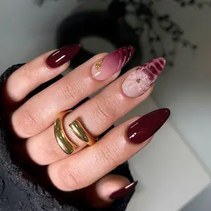 24pcs Medium Almond French Tip Nail Art Set, Leopard Print Design, Flower Nails, Glossy Finish, Acrylic Fake Nails for Women, Daily Use & Parties
