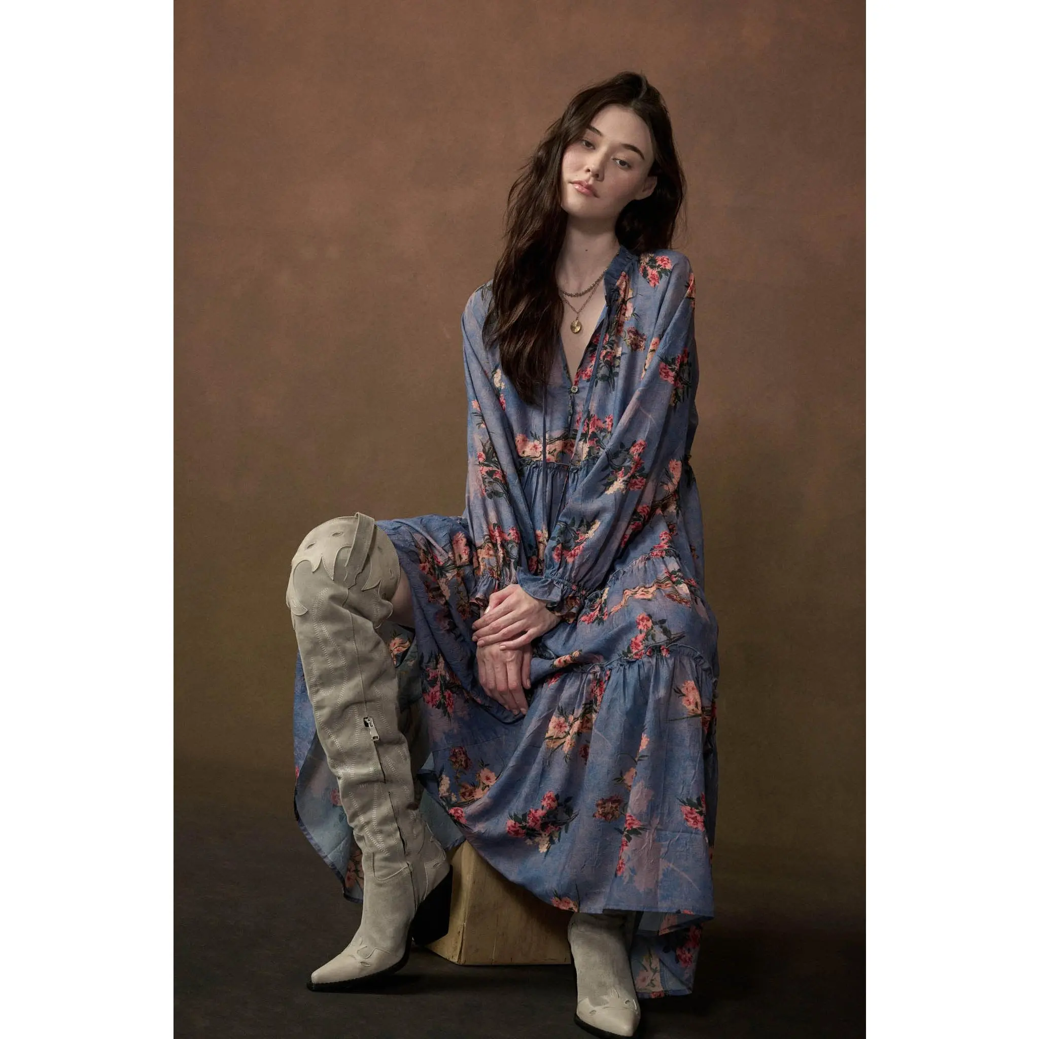 Petal Sky Floral-Print Tiered Midi Prairie Dress