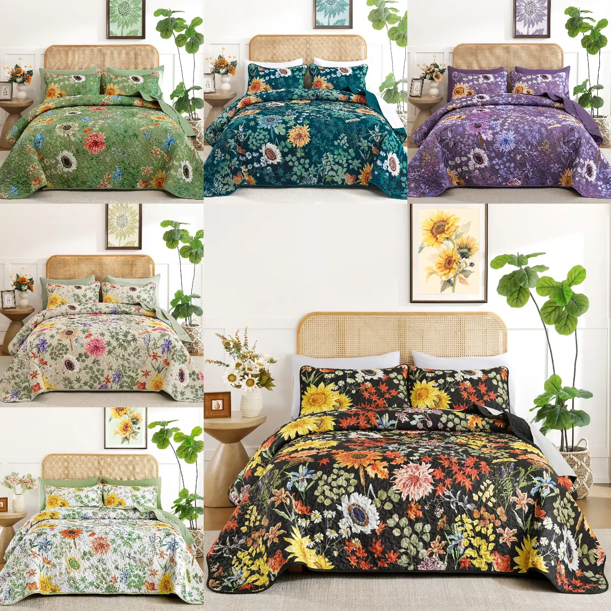 Sage Green Sunflower Floral 3-Piece Microfiber Quilt Set - Queen/King Size, Modern Flat Weave Bedding Set with 2 Pillow Shams, Breathable, Wrinkle Resistant, Fade Resistant, Durable, Soft Lightweight All-Season Coverlet