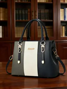 Ladies' color blocked handbag, fashionable PU leather daily shoulder bag, casual and fashionable multifunctional high-quality daily commuting bag, available in multiple colors, Handheld Bag, perfect holiday gift for ladies