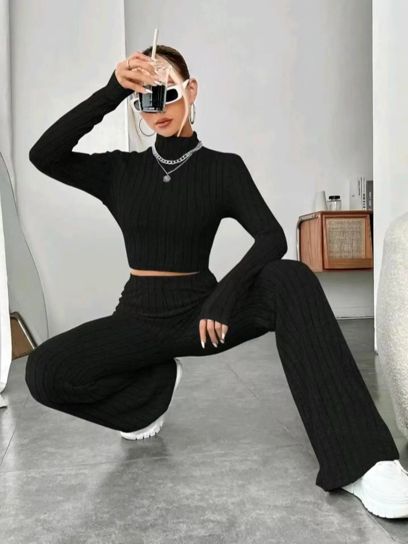 Women's Ribbed Long Sleeve High Neck Crop Top & Flare Pants, Lady 2 Counts Comfort Breathable & Thin Jumper Knit Pullover Top with Trousers, Please Pu