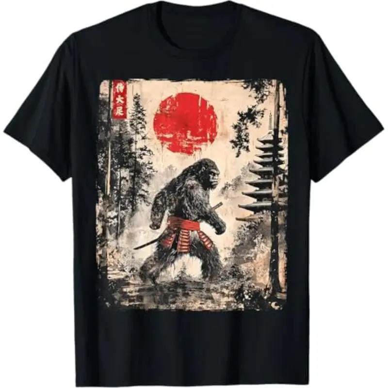 Men's Cotton Short-Sleeve T-Shirt, Casual Streetwear Top with Vintage Japanese Ukiyo-e Art Graphic Print - Samurai Design, Round Neck All-Seasons Menswear Tee