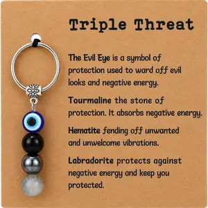 Triple Threat Evil Eye Protection Keychain with Message Card, Natural Stone Bead Key Ring Charm, Tourmaline Hematite Labradorite Bag Charm, Lightweight Protective Car Keychain Gift for Women Friends