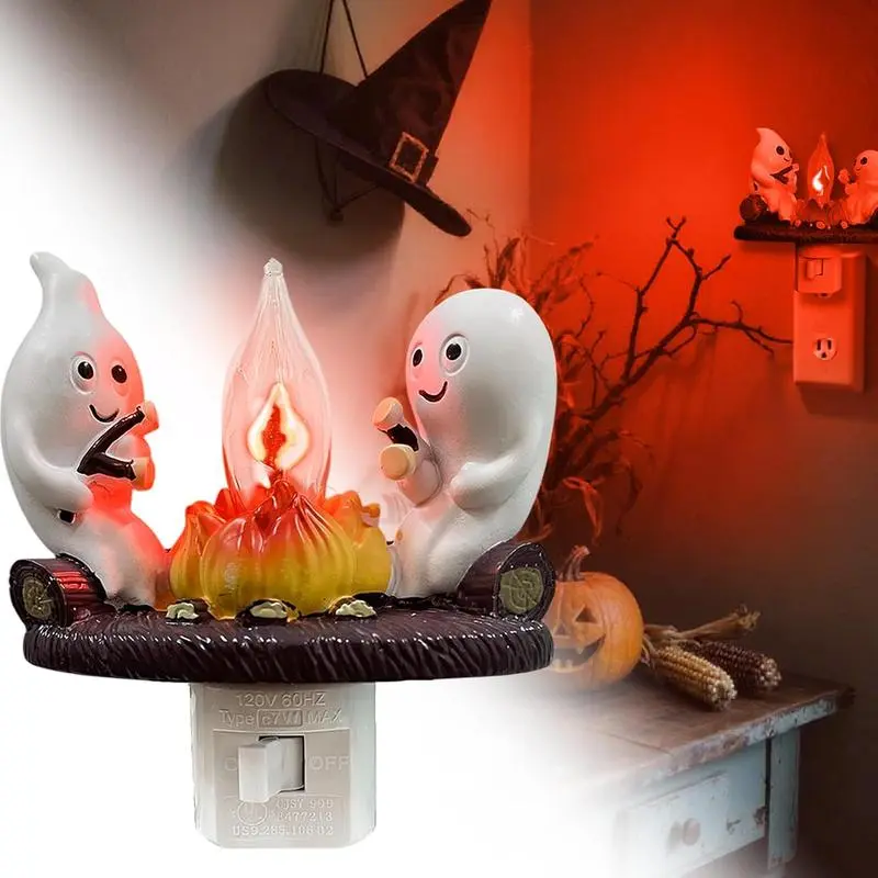 Ghost Campfire NightLight Spooky Ghost Campfire Flickering Night Light 3D LED Night Lights Plug into Wall Gothic Lamp Halloween Night Light, for Adults Kids Room Bedroom Bathroom Hallway Kitchen