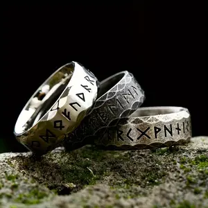Vintage Norse Viking Odin Rune Ring for Men - Stainless Steel Interlocking Bands with Norse Inscriptions, Durable Everyday & Party, Valentine's Day & Father's Day