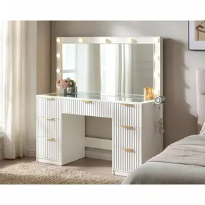47.2" Fluted  Desk  Large Mirror And Adjustable LED Lights, Makeup   7 Drawers, Glass Top And Charging Station For Bedroom Or Dorm, Women And Girls, White Vanity with wooden