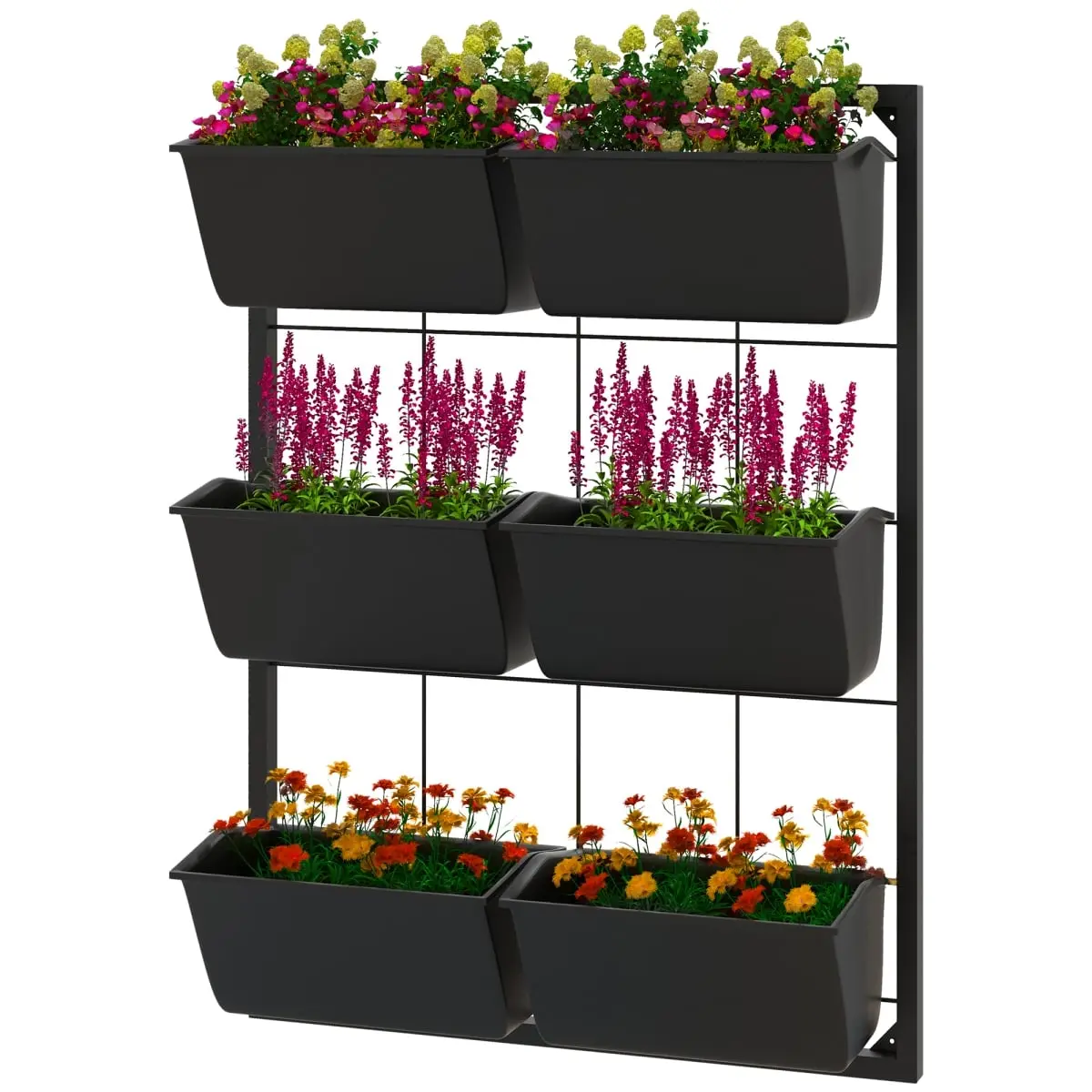 212 Main 84H-051V00BK Outsunny 3-Tier Wall Planter Hanging with 6 Pots, Wall Mounted Planter Holder with Water Drainages for Flowers & Vegetable, Black, 2 Lbs, 20.5" W X 5.5" D X 26" H, Vertical Gardening, Steel Frame
