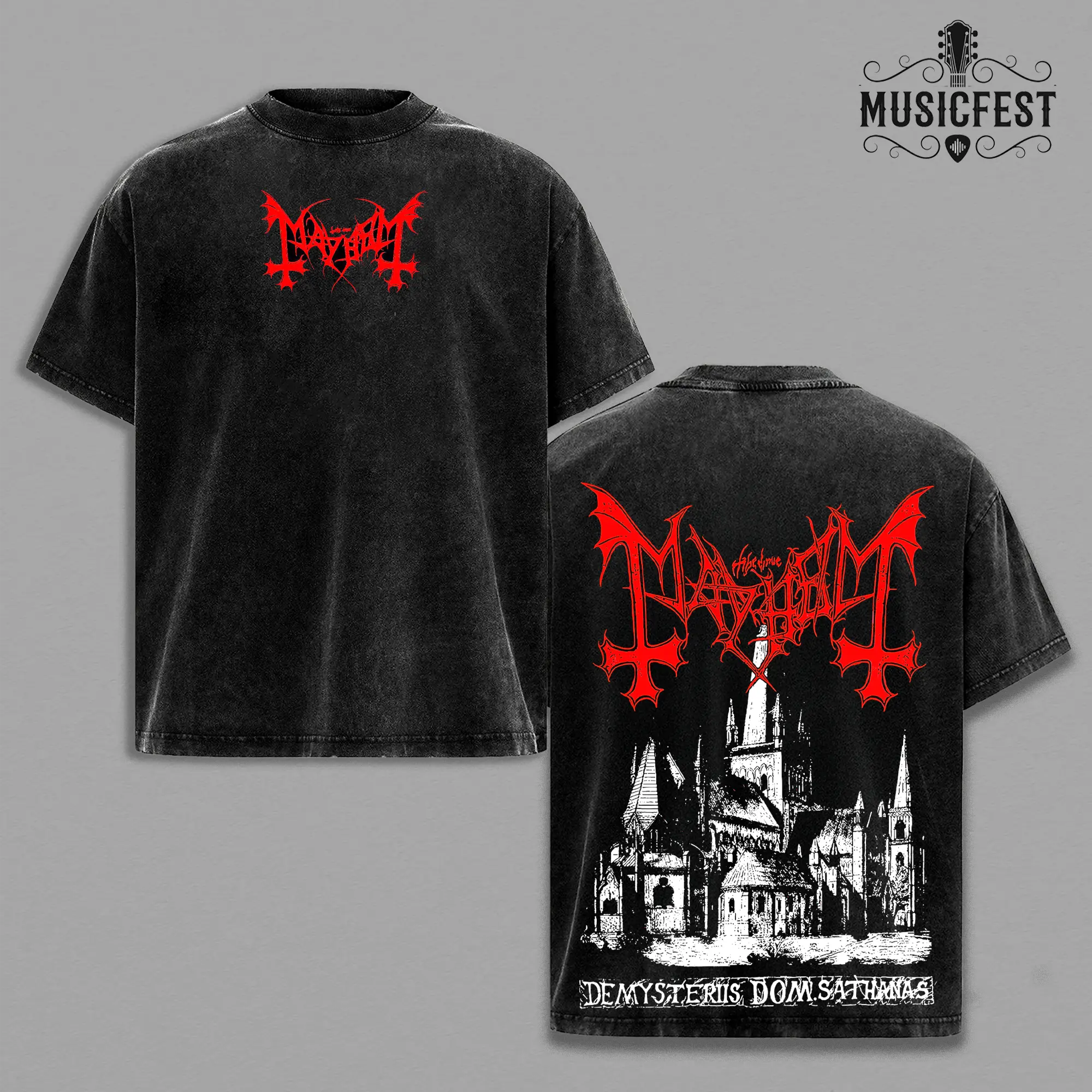 Mayhem De Mysteriis Dom Sathanas Vintage Wash Top, Norwegian Black Metal Band Graphic Boxy Fit Heavyweight Cotton Garment, Sun Faded Charcoal Streetwear Clothing