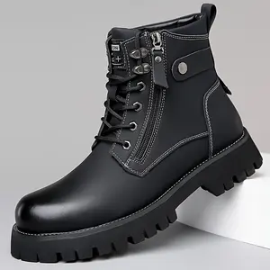 Men's Solid Color Round Toe Horse Boots, Outdoor Casual Footwear, Mountaineering Walking Shoes with Closed Rubber Sole and Zipper Closure, Black DC51344