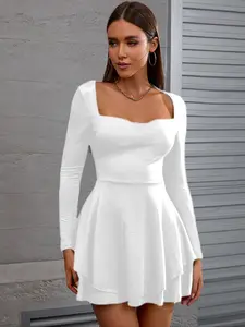 Women's Plain Double Layer Pleated Dress, Casual Square Neck Long Sleeve Dress for Summer, Women's Clothing for Daily Wear