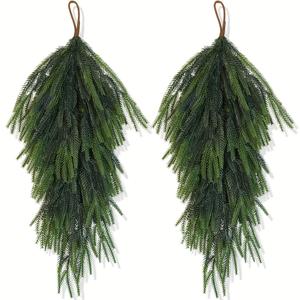 2pcs 26.4 inch artificial christmas garland with water drop & pine needle design - dark green norfolk green faux evergreen branches, farmhouse style indoor/outdoor door decorations for xmas, thanksgiving, new year - durable plastic, no maintenance, easy t