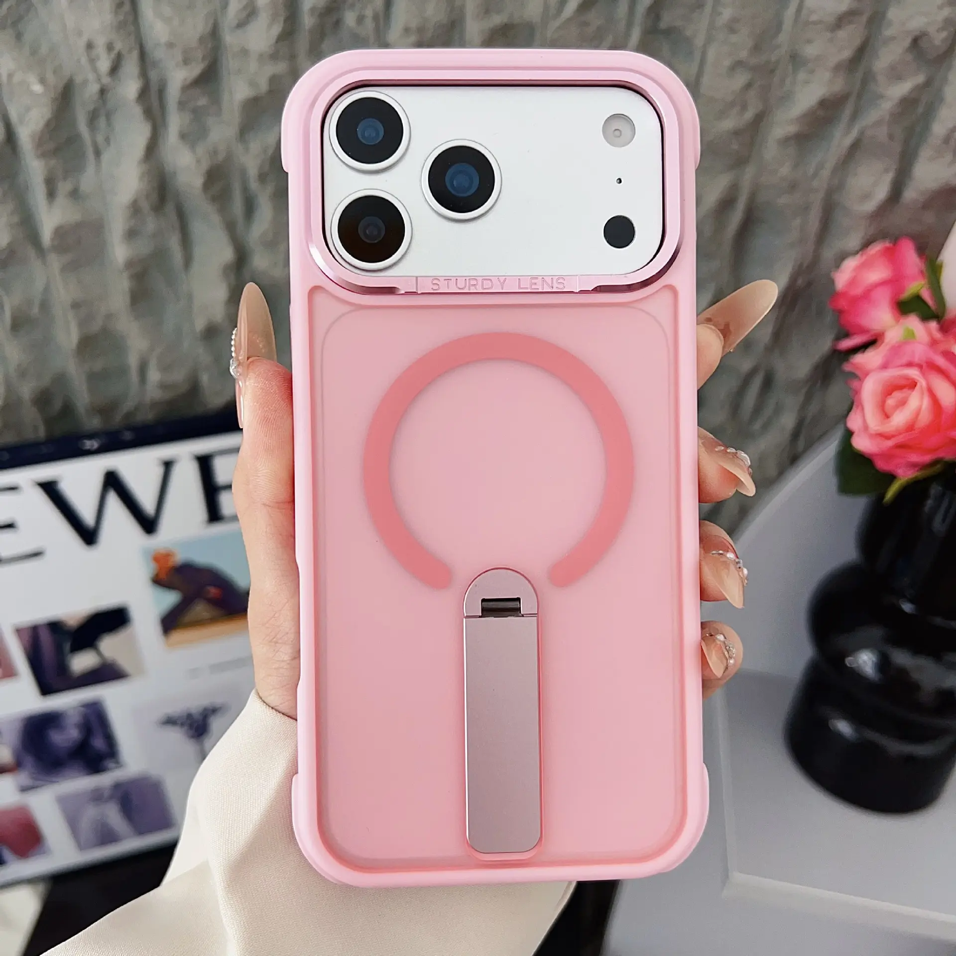 Pink Matte MagSafe Magnetic Phone Case Compatible with iPhone 17/16/15/14/13 Pro Max, Built-in Foldable Kickstand Large Raised Camera Frame Shockproof Anti-Fingerprint Translucent Protective Cell Phone Cover