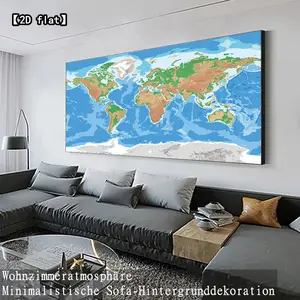 2D flat large best-selling decorative painting with world geography map, canvas painting without frame, suitable for living room, office, indoor, room decoration
