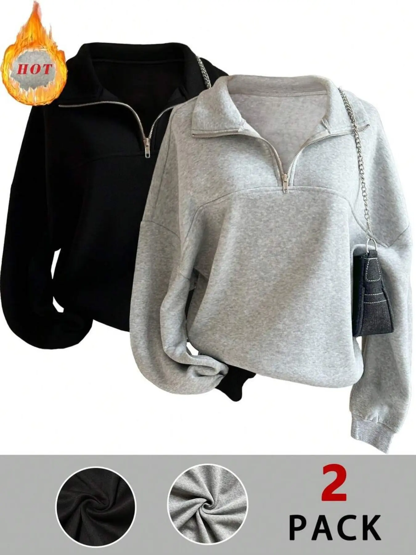2-Pack Women's Loose Baggy Collared Long Sleeve Quarter Zip Sweatshirt, Cozy Fall Pullover Tops