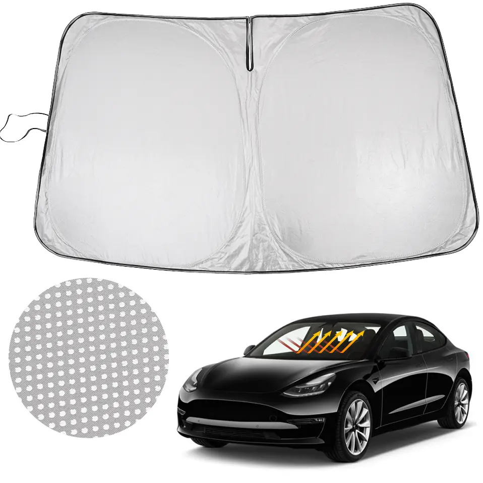 Custom Fit Windshield Sun Shade for 2017-2026 Tesla Model 3 & 2020-2026 Model Y, Upgraded 240T 5-Layer Fabric, Foldable Front Window Sunshade Cover, 99% UV Blocking Heat Insulation EV Interior Cooling Accessories