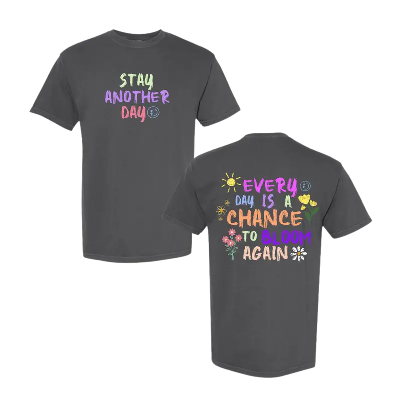 Stay Another Day Women's Oversize Ring-Spun Cotton Tee - Short Sleeve, Round Neck, Loose-Fitting Casual Tshirt, Soft Streetwear Top with Mental Health Cue Help Message for Stress & Mood Support
