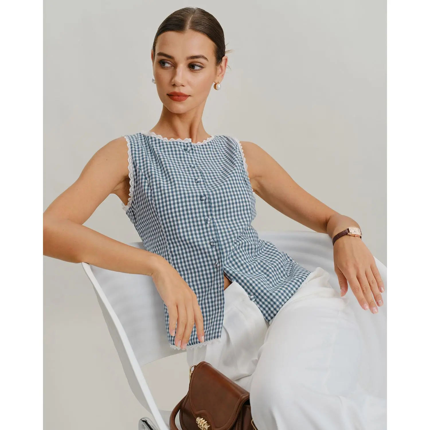 RIHOAS Women's Casual Plaid Print Tank Top, Sleeveless Boat Neck Tie-Front, Hip-Length Polyester Top for Daily Wear, S/M