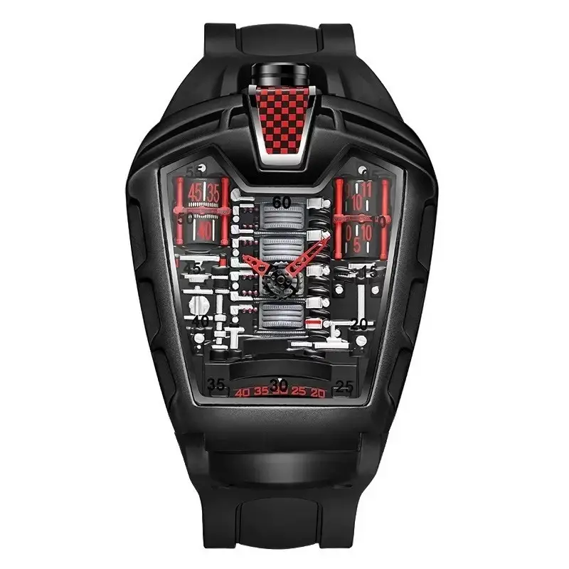 Men’s Racing Style Skeleton Quartz Watch Tonneau Case Sport Silicone Strap