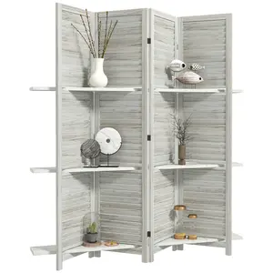 4 Panel 67 Inch Tall Distressed White Wood Privacy Screen Louvered Room Divider with 3 Removable Display Shelves 9 Steel Hinges Foldable Design Elevated Moisture-Proof Feet Freestanding Partition for Bedroom Living Room Office