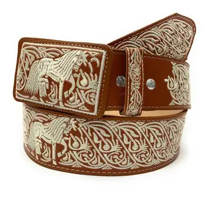 CINTO CHARRO BORDADO. MENS HORSE EMBROIDERED WESTERN BELT. VAQUERO LEATHER BELT