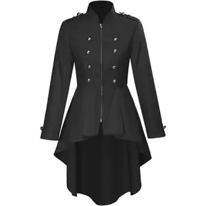 Women's Steampunk Victorian Coat -Double-Breasted Renaissance Tailcoat with Zip Up Jacket Dress Black