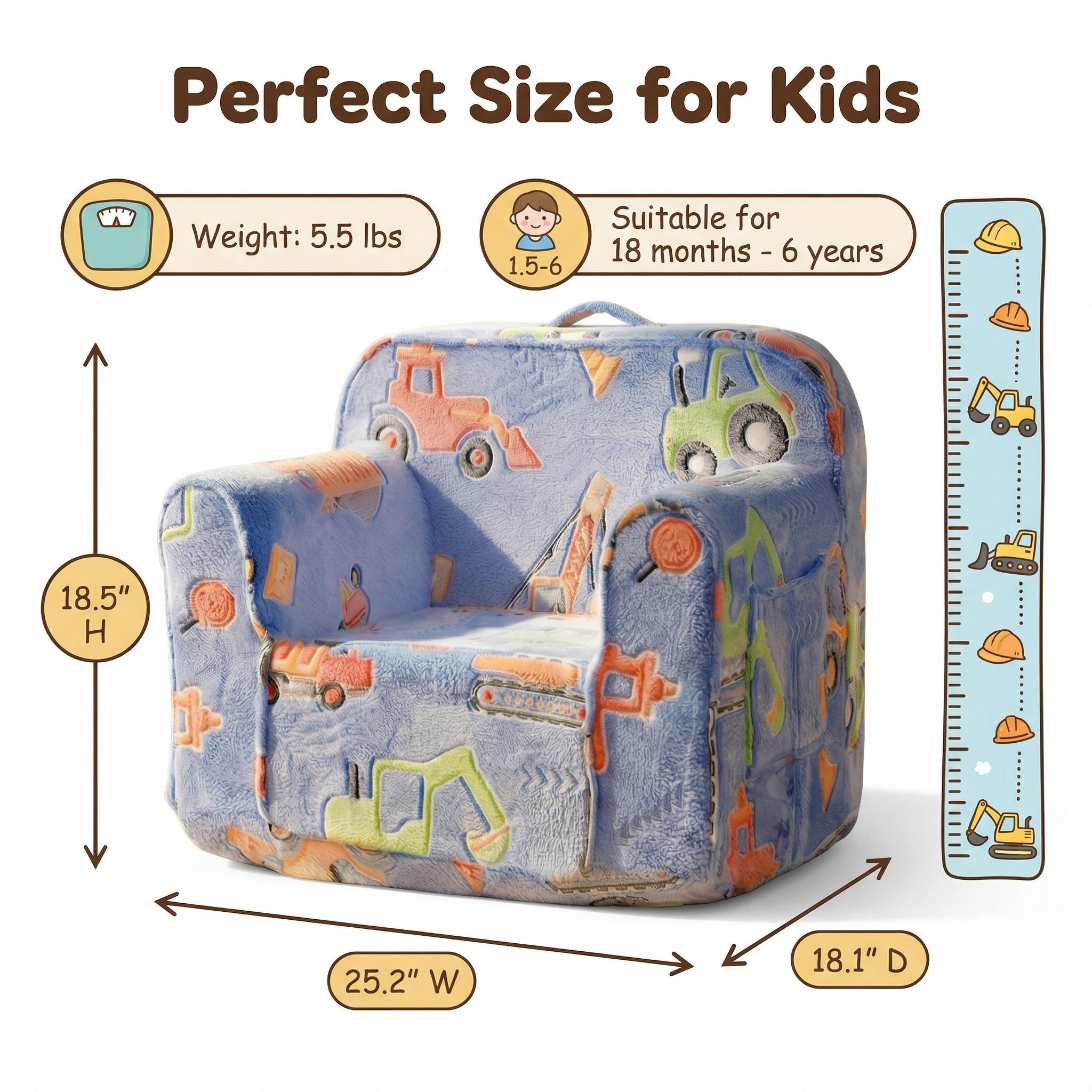 Kids Couch, Comfy 2-6 Years Old,, Toddler Couch Sofa, Kid Sofa  for Boys and Girls Gifts, Kids Recliner, Cartoon pattern of blue engineering vehicle