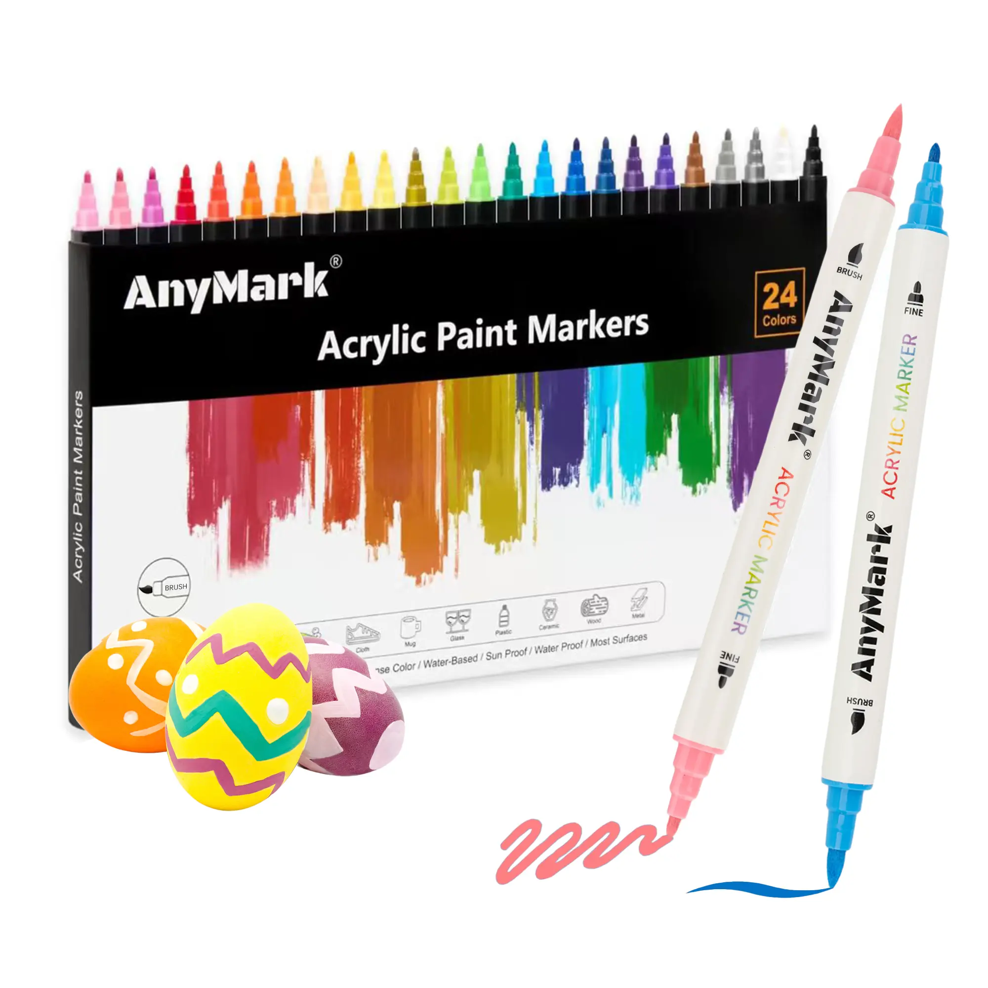 AnyMark Acrylic Paint Markers, Dual Tip Acrylic Paint Pens with Brush & Fine Tip, Premium Paint Markers for Coloring, Canvas, wood, Stone, Rock Painting, Glass
