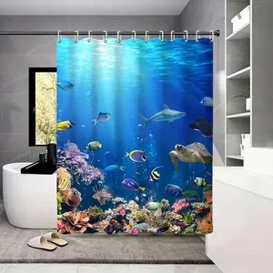 Underwater World Fish & Coral Reef Pattern Waterproof Shower Curtain, 1 Count Colorful Bathroom Curtain, Bathroom Decoration Supplies for Home Hotel Salon