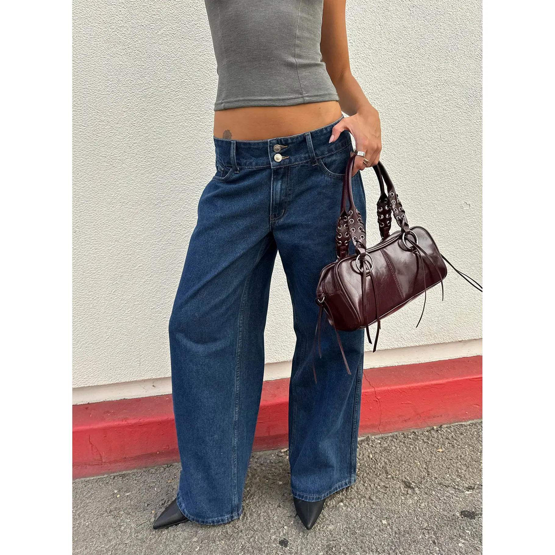 Ramos Low Rise Double Button Wide Leg Jeans Dark Indigo