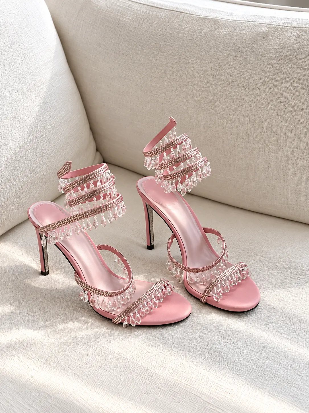 Elegant Pink High Heel Sandals with Rhinestones and Strappy Design for Women's Formal Events
