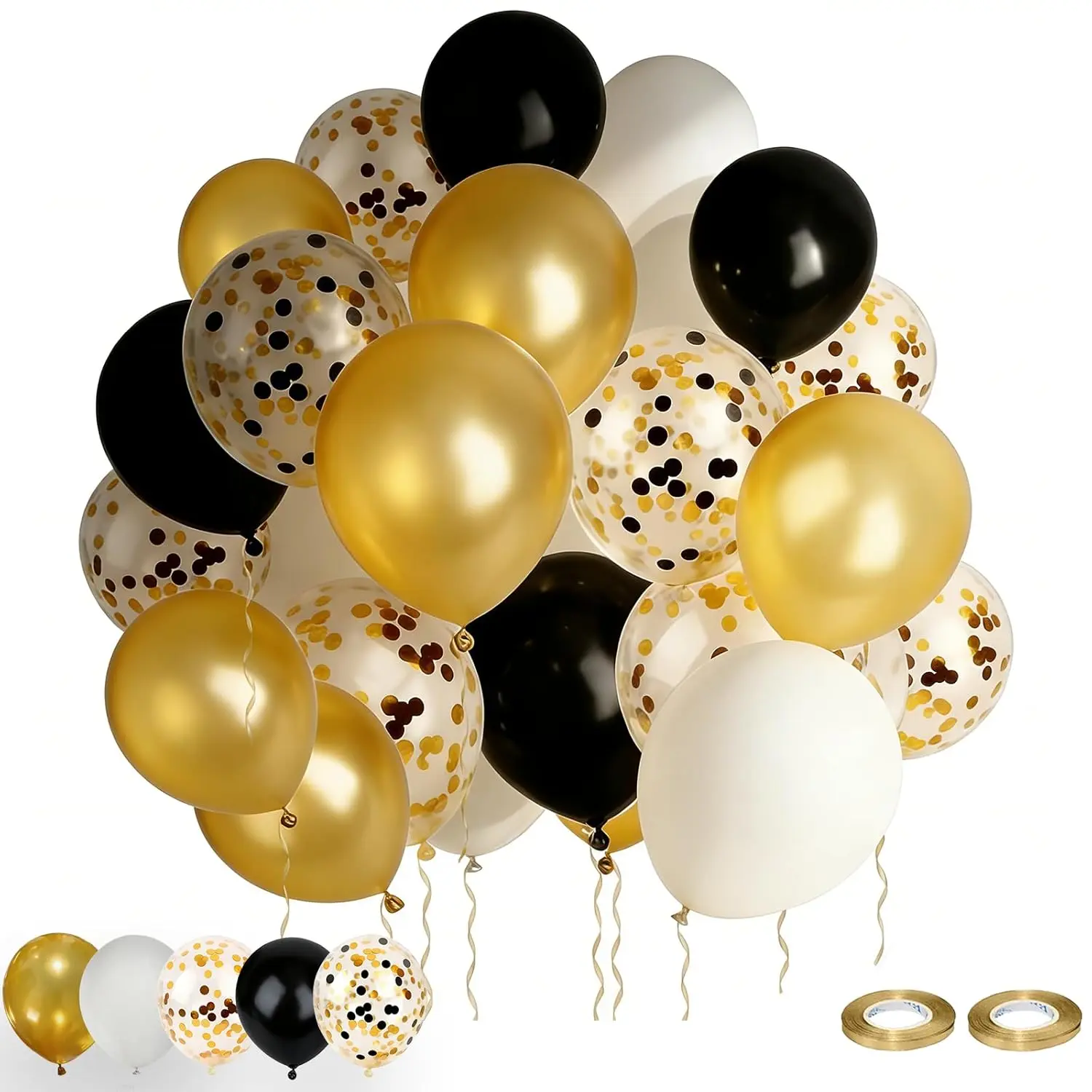 50-Piece Black, Gold & White Confetti Balloon Set for Graduation, Weddings, and Celebrations