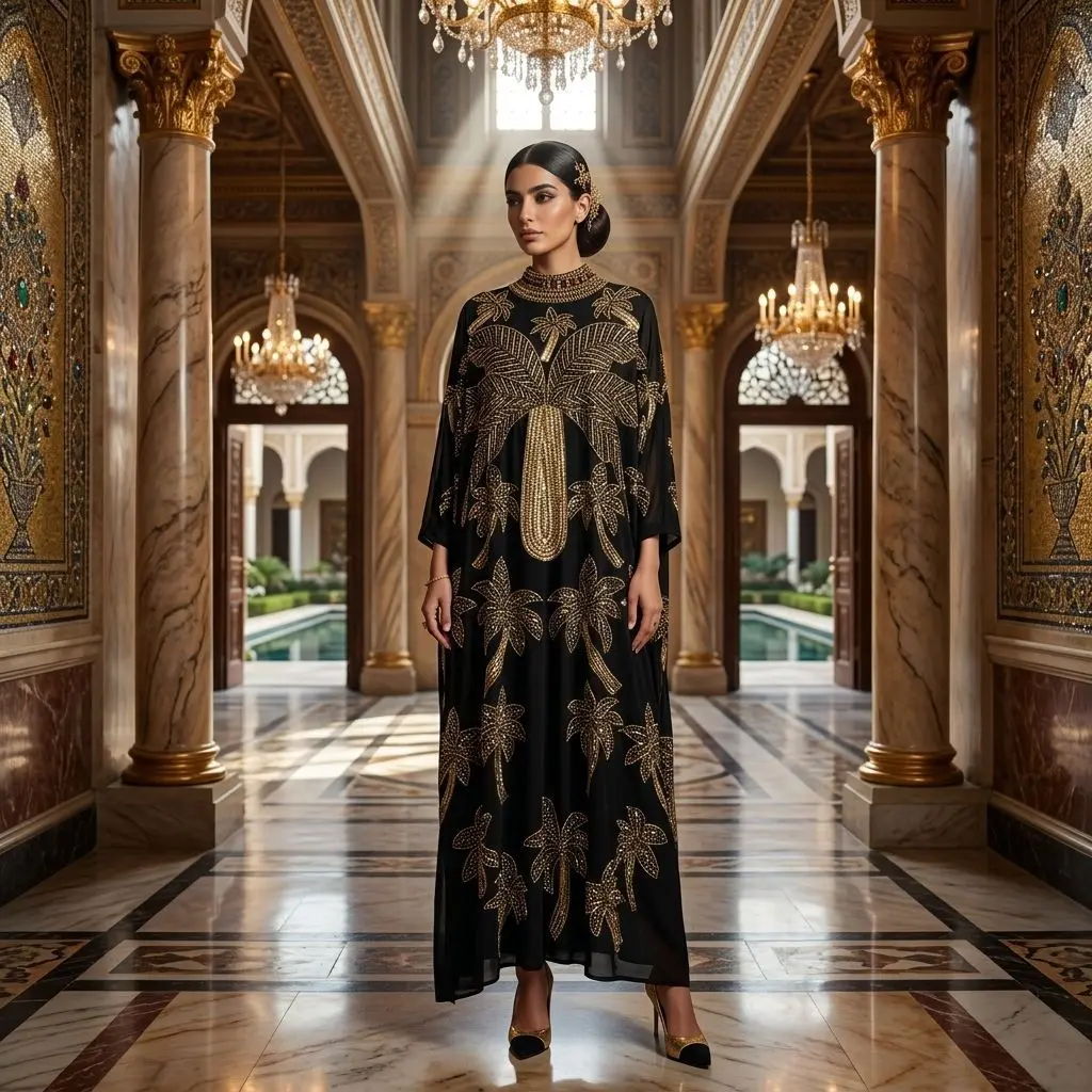 Luxury Black & Gold Rhinestone Palm Abaya | Embellished Kaftan Maxi Dress for Eid & Weddings