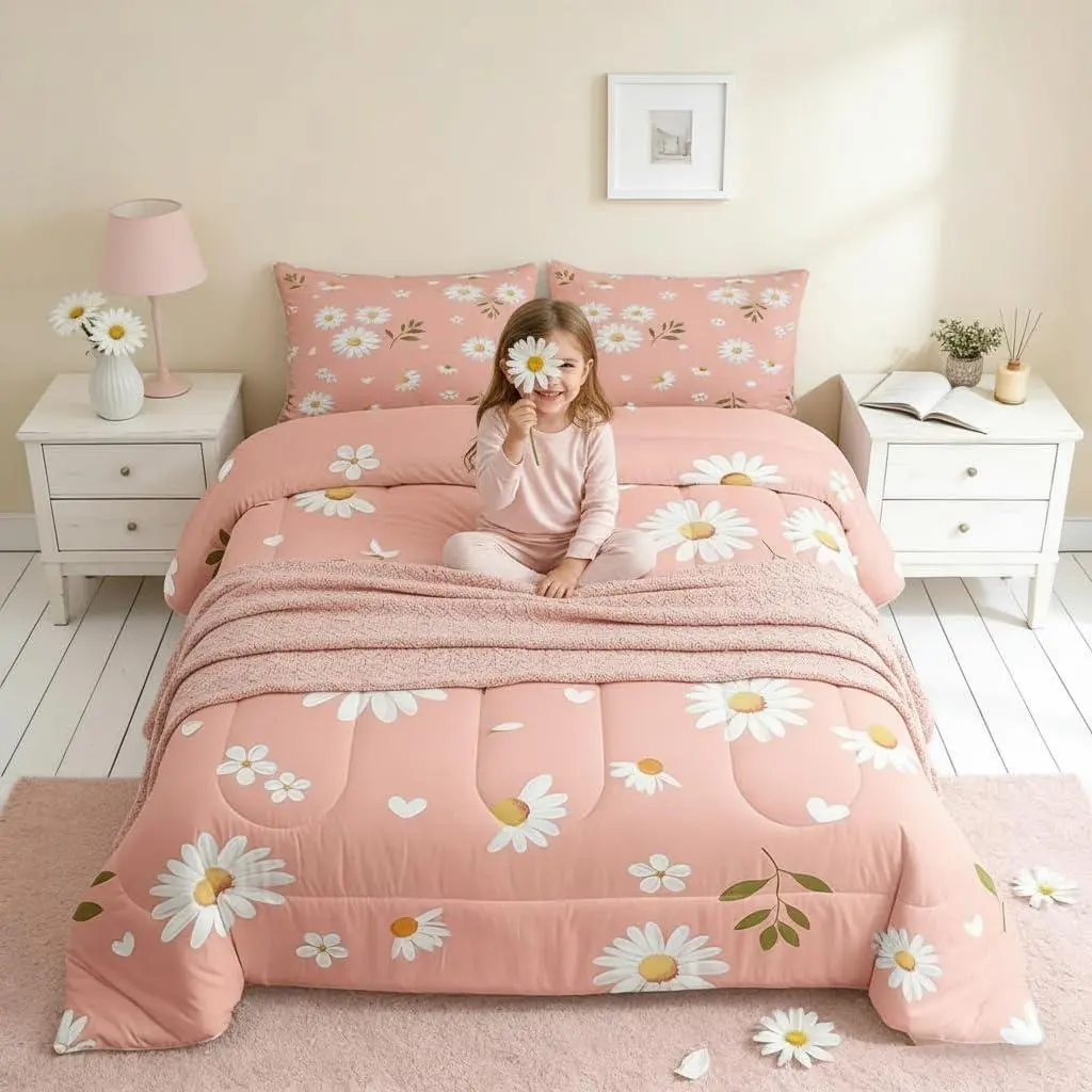 Girls Daisy Flowers Comforter Set,Kids Petals and Leaves Decor All Season Bedding Set,Teens Pink and White Comforter,Children Daisy Decor Quilt Set,Bedroom Collection