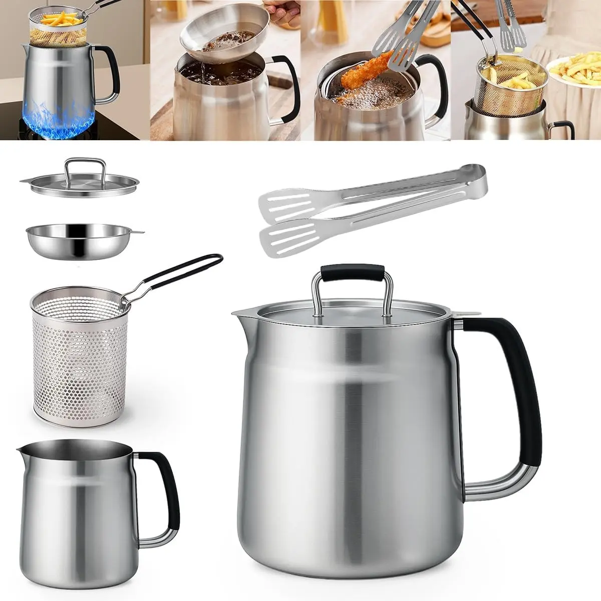 68oz 3-in-1 304 Stainless Steel Oil Filter Pot with Fine Mesh Oil Strainer & Tong, Heat-Resistant Handle, 2LCapacity Bacon Grease Container for Kitchen & Camping,MultiFunctional Frying Oil Container.