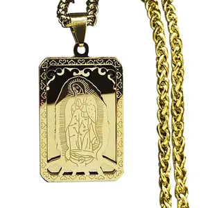 GGIRL Retro 18K Gold Plated Square Hang Tag Virgin Mary Prayer Pendant Necklace For Women and Men, Fashion Stainless Steel Necklace Hip-Hop Jewelry,Perfect For Chrismas Gift
