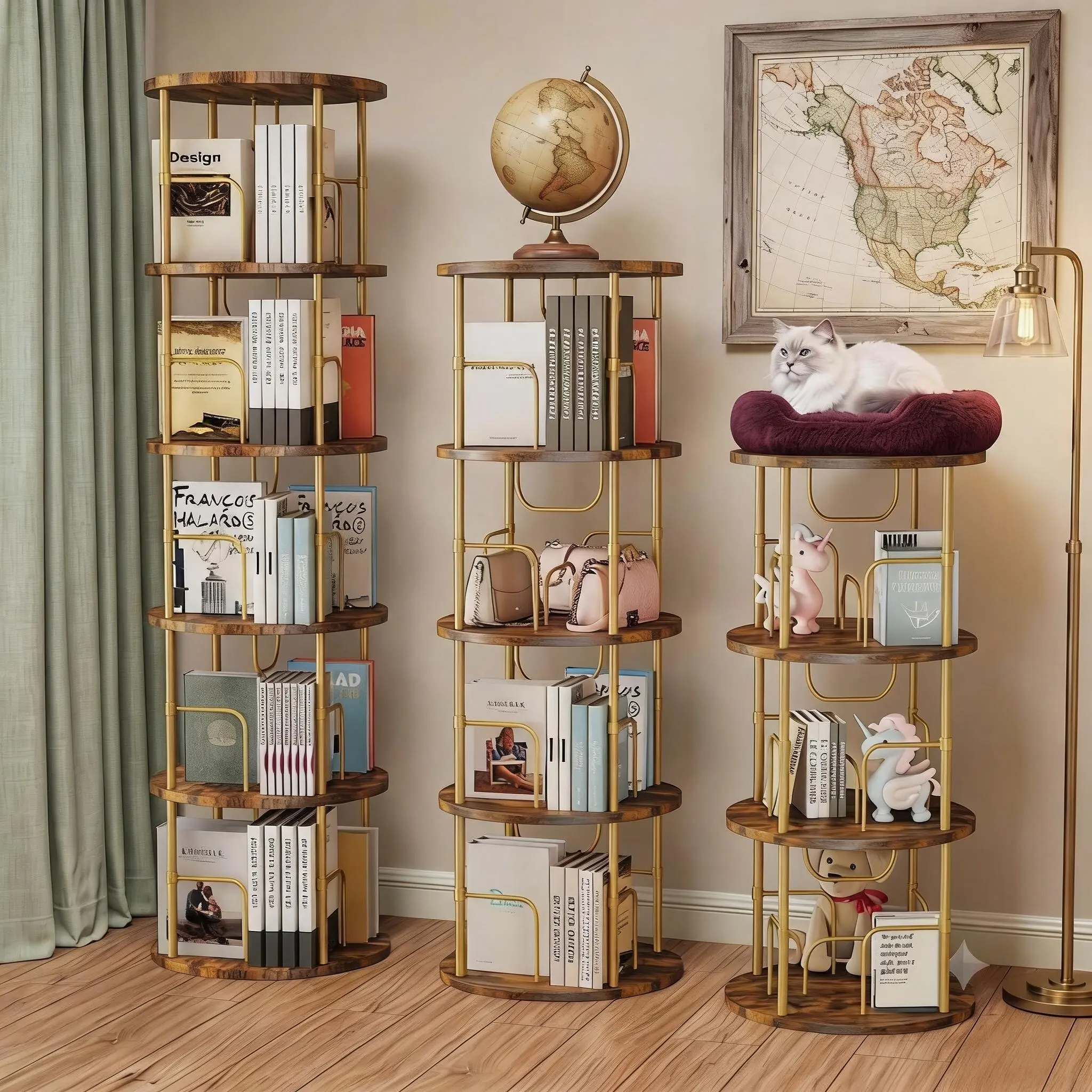 3-5 Tier 360° Rotating Round Bookshelf, Stable MDF Corner Bookcase Tower - 17.7" d × 17.7" w × 63" h, Assembly Required Organizer for Home Office Books Rack Mdf Bookshelf Book Rack