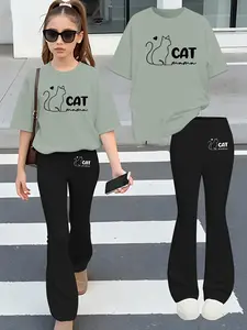 Girls' Cat Print Two-Piece Set, Short Sleeve T-Shirt + Bell Pants, Comfortable and Breathable, Perfect for Outdoor Activities