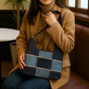 Retro/Y2K - Pearl Denim Checkered Silver Hardware Zipper Top Shoulder Bag with Adjustable Strap 11-15"