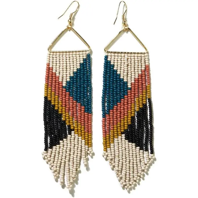 Female 4.5-In Beaded Drop Earrings, Handmade Emilie Seed Bead Long Fringe Boho Statement Dangling Earrings for Modern Bohemians