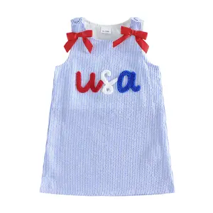 Toddler Baby Little Girls 4th of July Dress Patriotic Letter Embroidery Sleeveless Stripe Tank Dress with Bow 1-5 Years