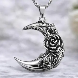 Luna Collar - Versatile Accessory for Everyday Wear - Stylish and Comfortable Design with Moon and Rose Pendant - Silver Tone Necklace Gothic Witch Jewelry