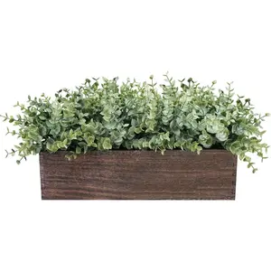 14" Artificial Eucalyptus in Rectangular Wood Planter Box Faux Plants Arrangement Centerpiece Wooden Potted Eucalyptus Plant for Farmhouse Wedding Dining Table Centerpiece Greenery Mantel Décor