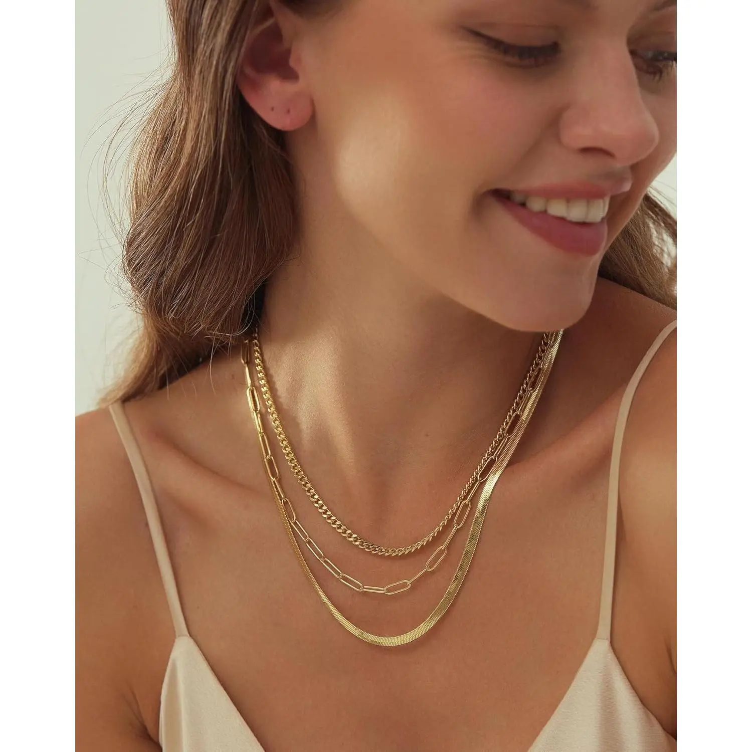 Gold Layered Necklaces for Women, 14K Gold Plated Dainty Gold Chain Choker Necklace Stack, Herringbone Gold Necklaces Set