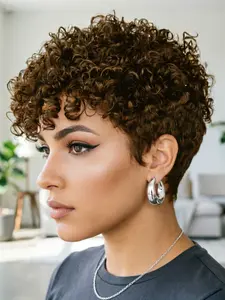 Kinky Curly Pixie Cut Wig, Natural Black Full Machine Made Human Hair Wig with Bangs, Natural Looking Trendy Wigs
