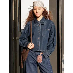 URBAN REVIVO 2026 Spring Women's Fitted Long-Sleeve Minimalist Cotton-Lyocell Tie-Waist Patch-Pocket Bow Denim Shirt, Casual Basic Top Blouse UYU860014